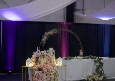 Wedding venue tables and lights setup